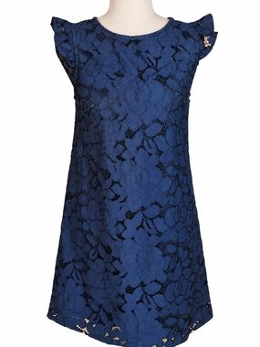 Monteau Navy Blue Floral Lace Ruffle Sleeve Shift Dress S NWT